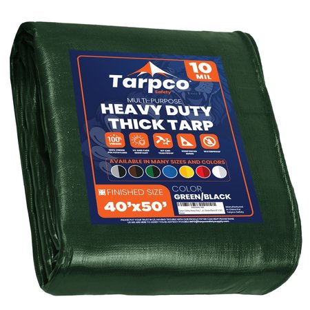 TARPCO SAFETY 50 ft L x 0.5 mm H x 40 ft W Heavy Duty 10 Mil Tarp, Green/Black, Polyethylene TS-153-40X50